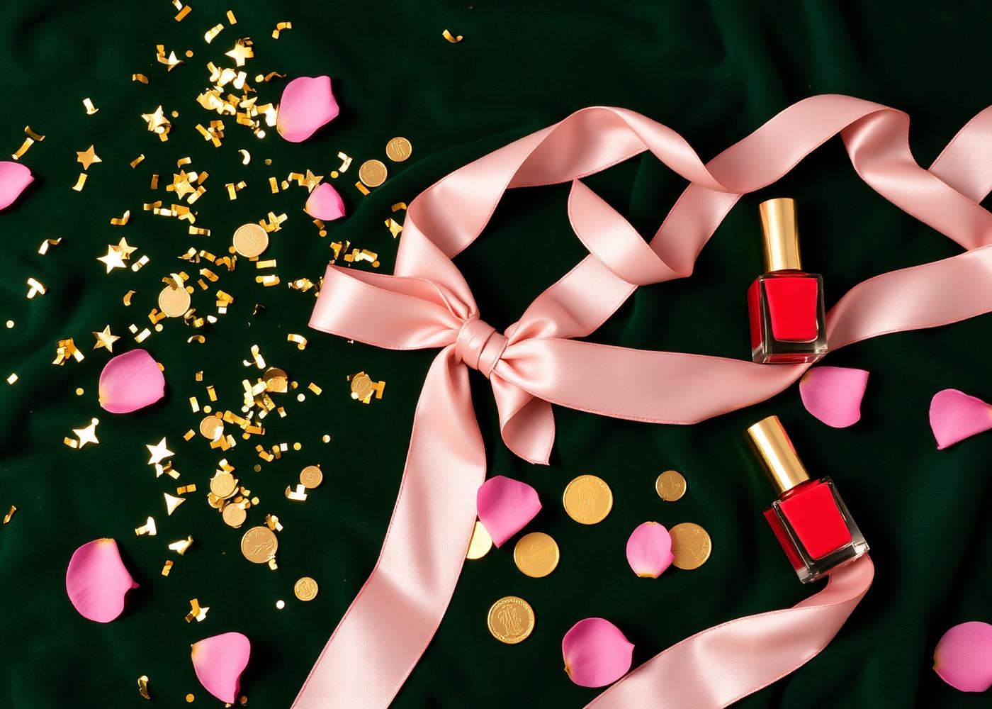 Gouden confetti en roze lint op donkergroen fluweel