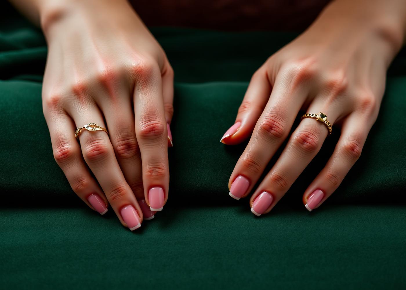 Handen met een verzorgde roze manicure op donkergroen fluweel